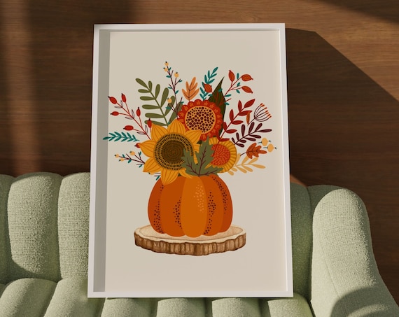 Pumpkin Vase Print Fall Bouquet Wall Art Cute Thanksgiving Table Decor Autumnal Wall Poster Floral Botanical Fall Vintage Room Decor