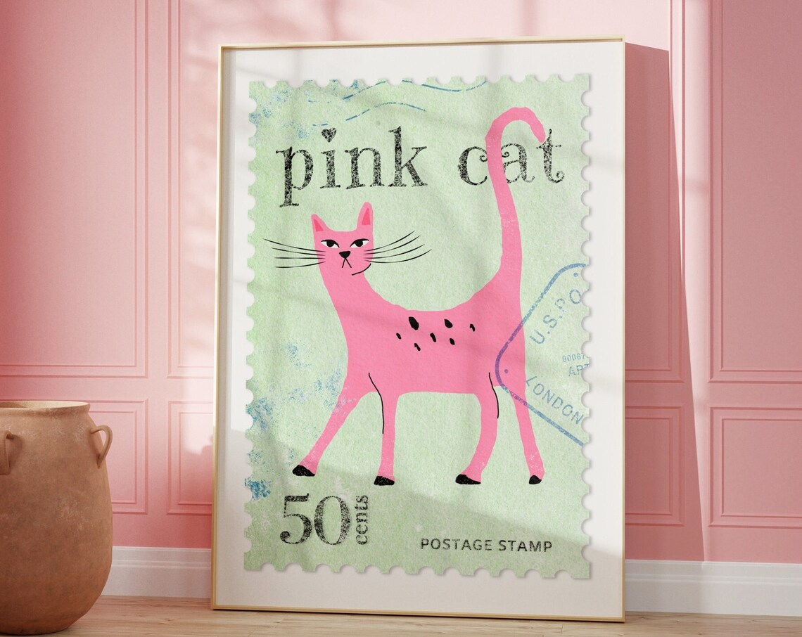 Pink Cat Postage Stamp 50 Cents Vintage Mint Green Art Poster