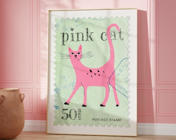 Pink Cat Postage Stamp 50 Cents Vintage Mint Green Art Poster
