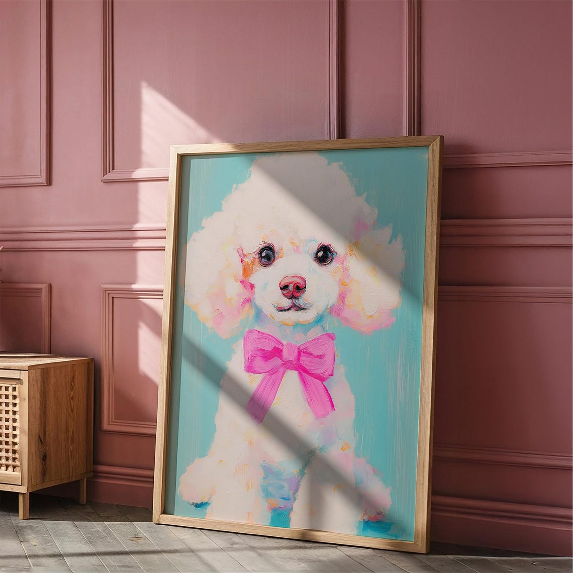 White Poodle Puppy With Pink Bow Turquoise Dog Portrait Poster - Image 3