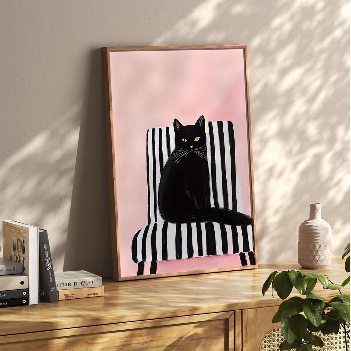 Black Cat Sitting on a Striped Chair Pink Modern Cat Lover Poster - Image 5