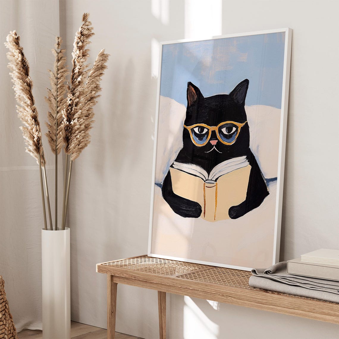 Black Cat with Glasses Reading a Book Cozy Bedtime Story Poster - Image 3