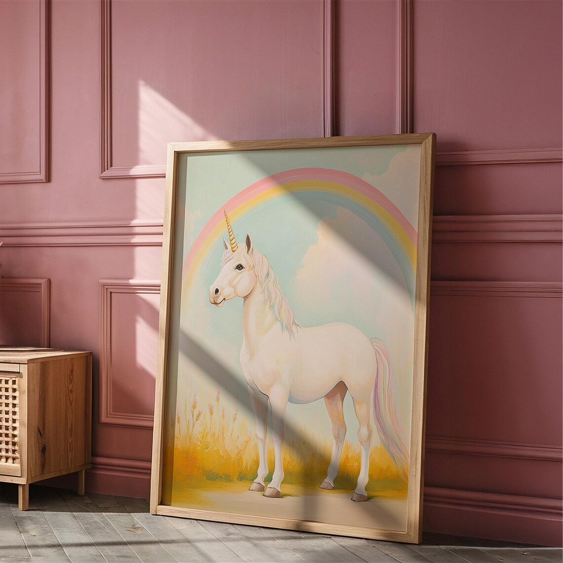 White Unicorn Under a Rainbow in a Golden Field Girls Room Poster - Image 6