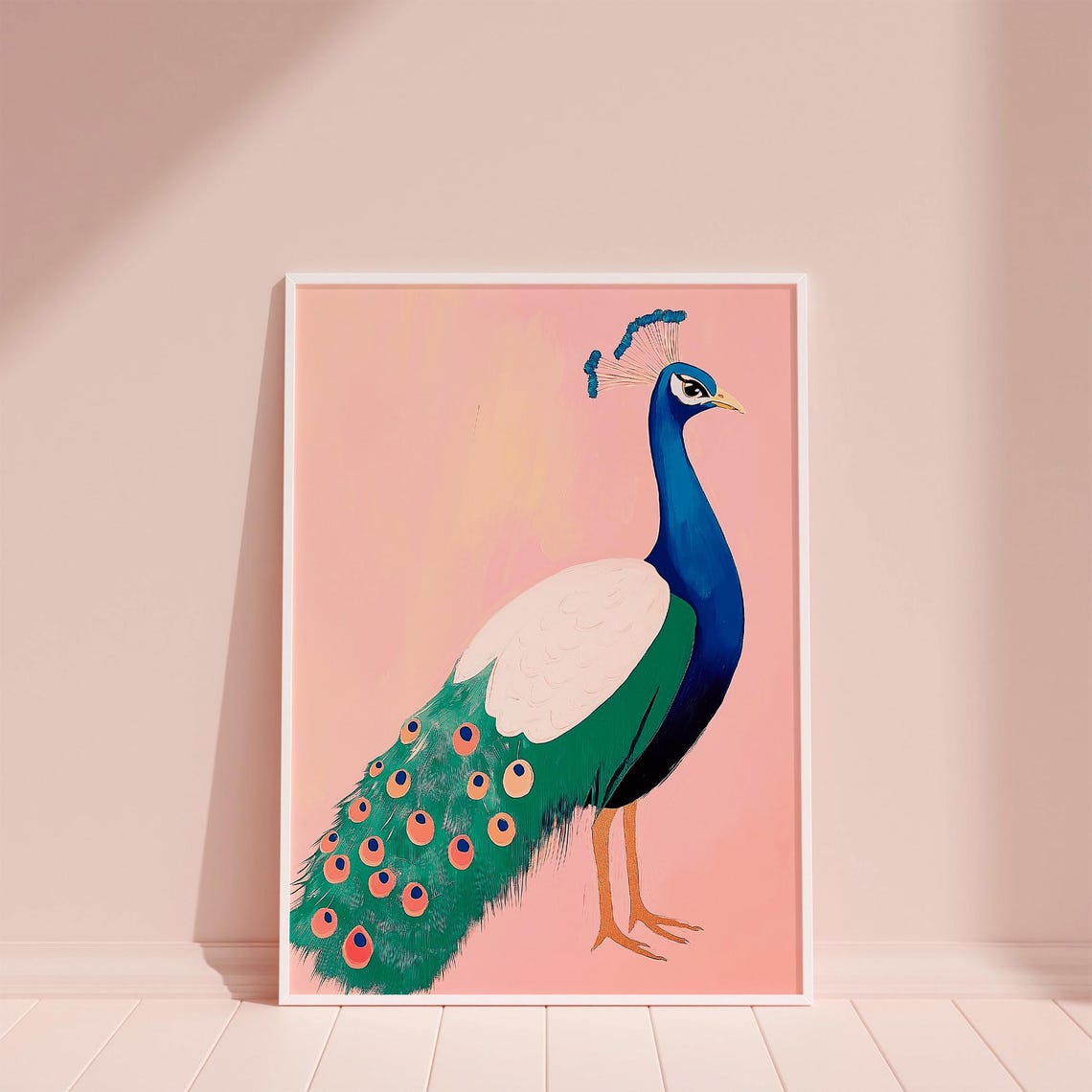 Vivid Blue and Green Peacock on Pink Background Bird Art Poster - Image 6