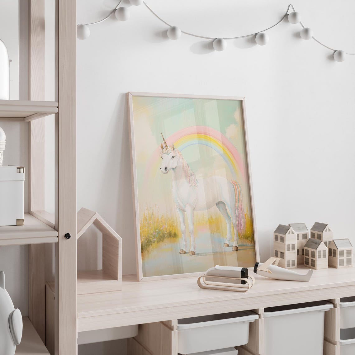 White Unicorn Standing Under Rainbow Pastel Meadow Fantasy Poster - Image 2