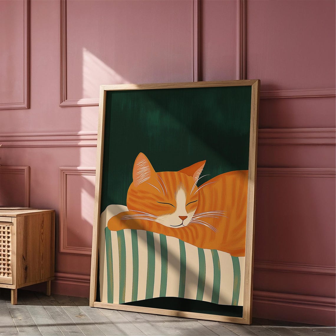 Orange Tabby Cat Sleeping on Striped Cushion Cozy Green Poster - Image 5