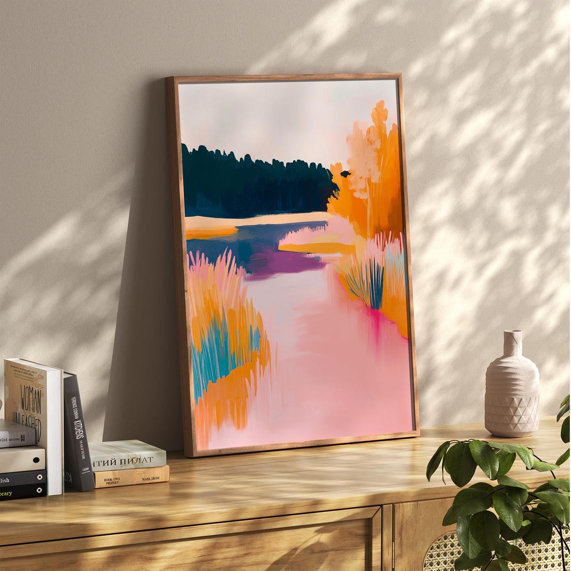 Autumn Lake Reeds Abstract Pink Water Fall Nature Landscape Poster - Image 5