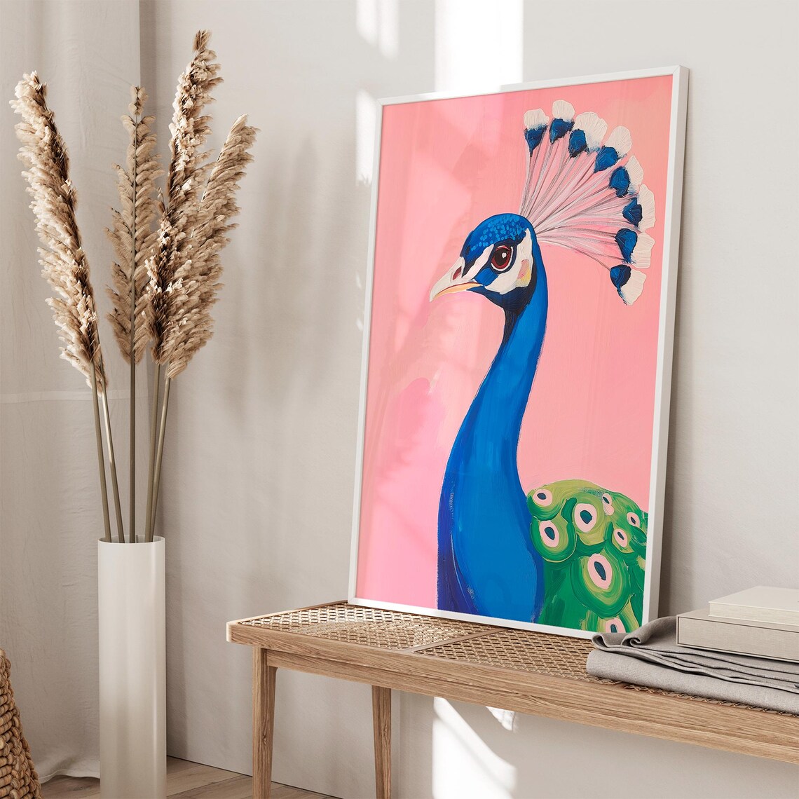 Regal Blue Peacock Portrait on Pink Bird Lover Wall Decor Poster - Image 3