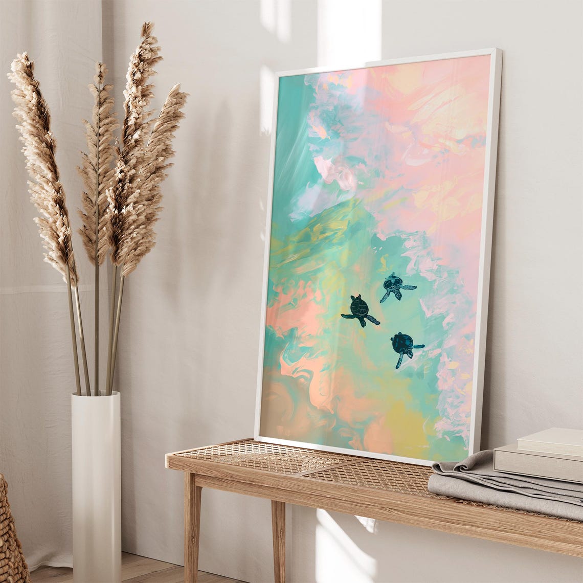 Sea Turtles Swimming in Pastel Ocean Aerial Impressionist Poster - Image 2