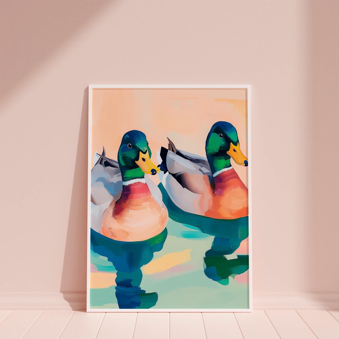 Two Mallard Ducks Swimming in a Colorful Duck Pond Nature Poster - Image 6