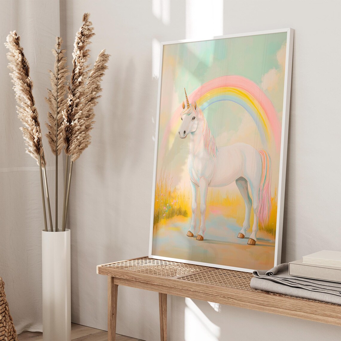 White Unicorn Standing Under Rainbow Pastel Meadow Fantasy Poster - Image 6