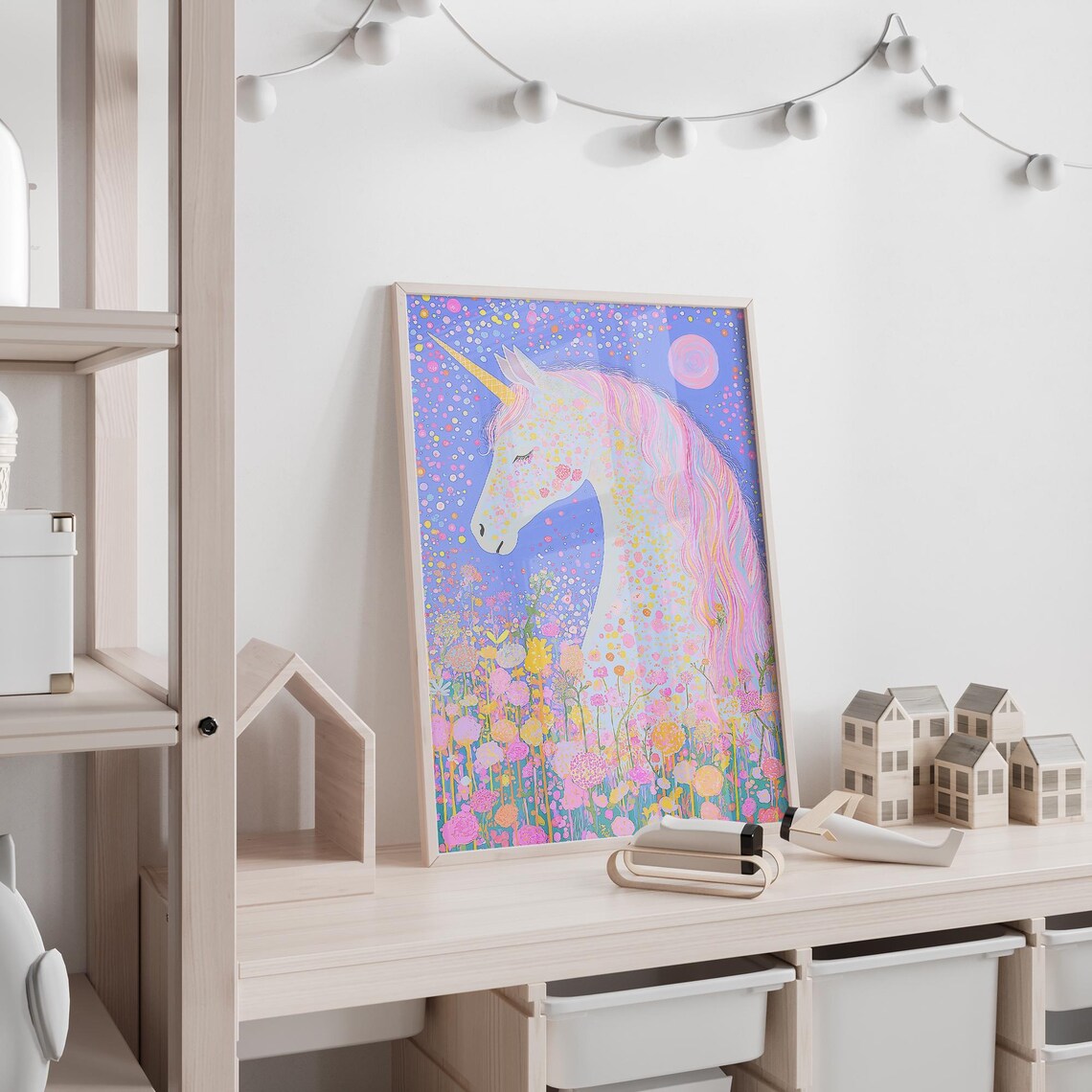 White Unicorn in Starry Night Flower Garden Pink Moon Fantasy Poster - Image 3