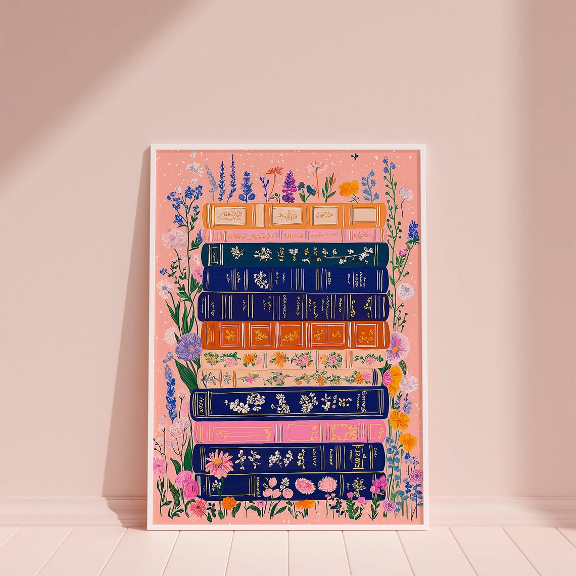 Wildflower Book Stack Reading Nook Colorful Library Lover Wall Art - Image 6