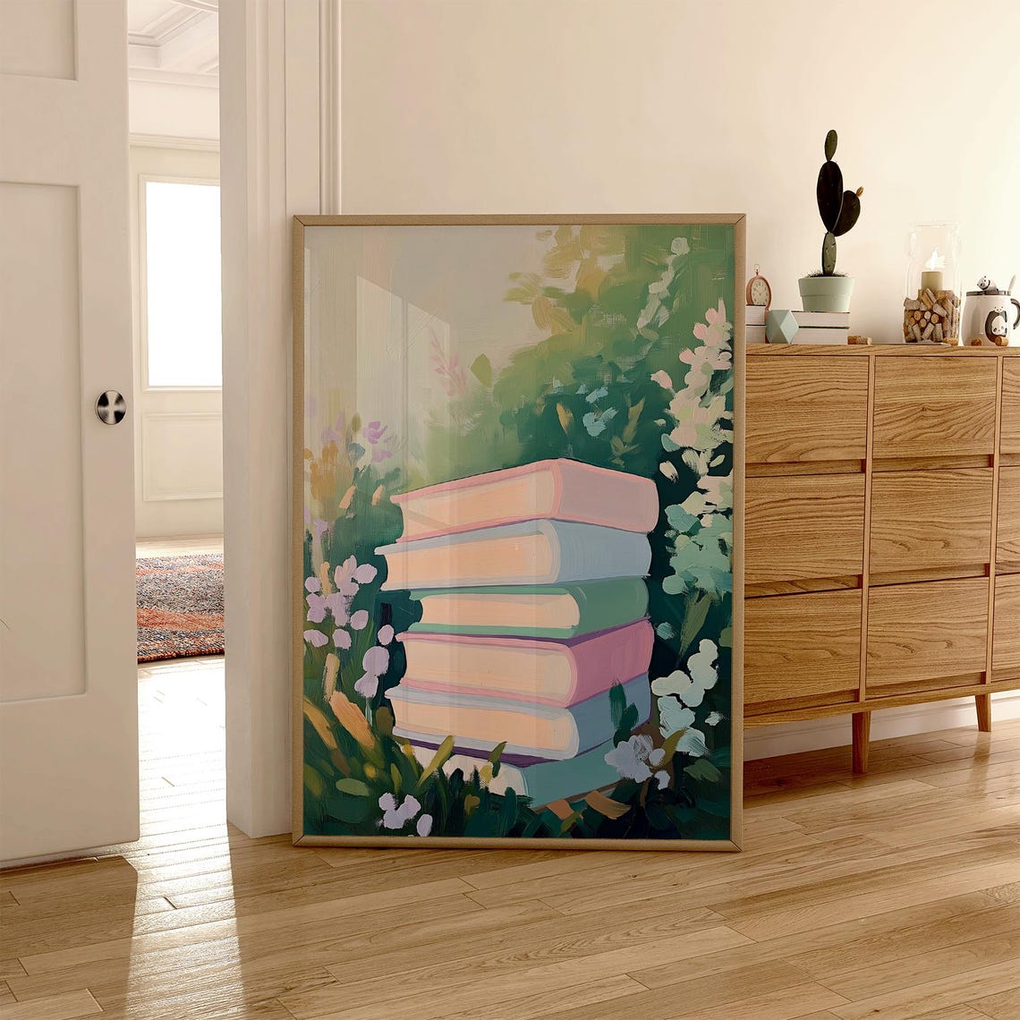 Pastel Book Stack in a Flower Garden Botanical Library Decor Poster - Image 4