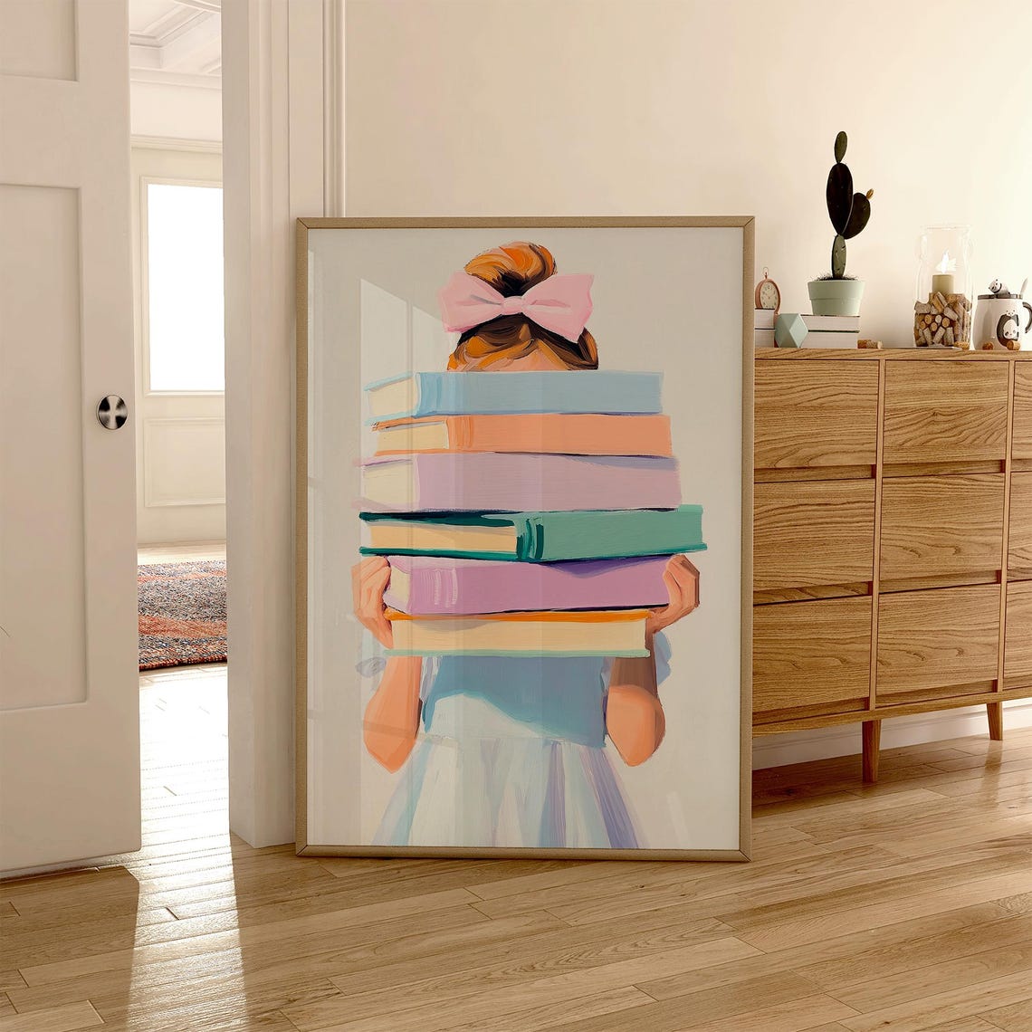 Little Girl Carrying a Tall Pastel Books Stack Kids Room Poster - Image 3