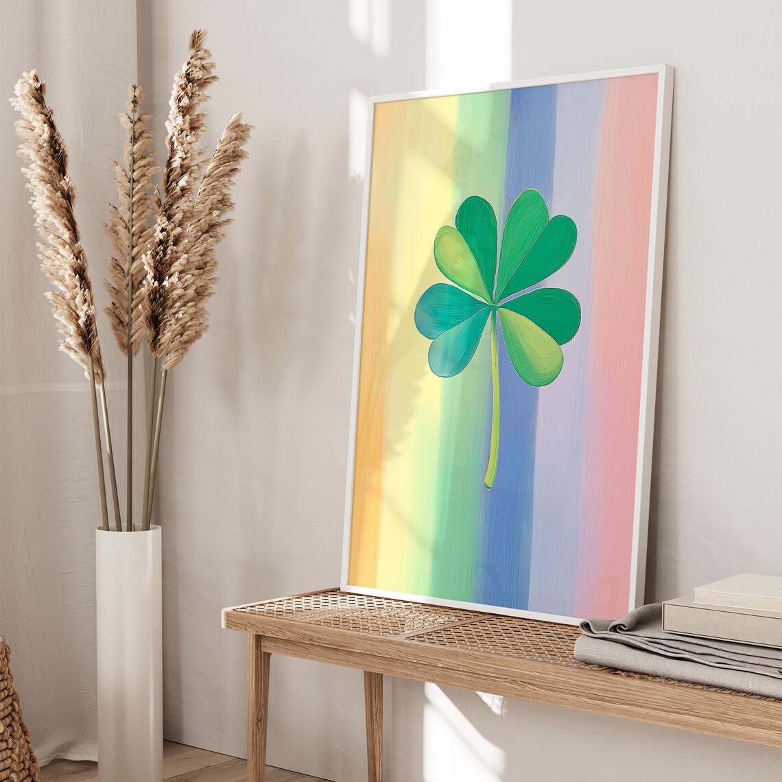 Green Shamrock On Pastel Rainbow Stripes Lucky Clover Poster - Image 2