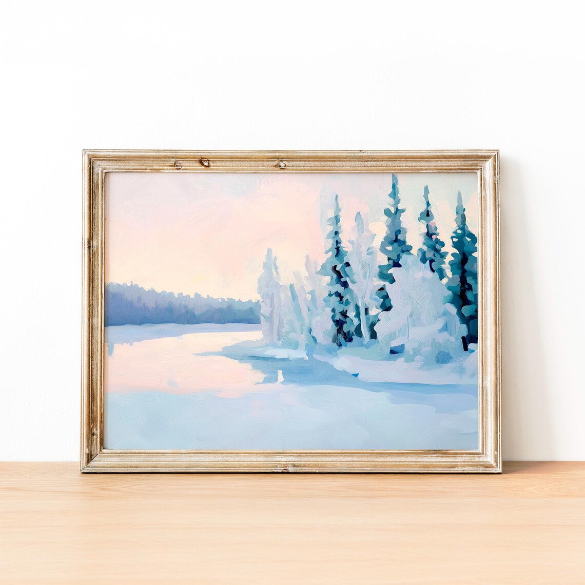 Snowy Winter Lake With Frosted Pines Under Pastel Dawn Poster - Image 2