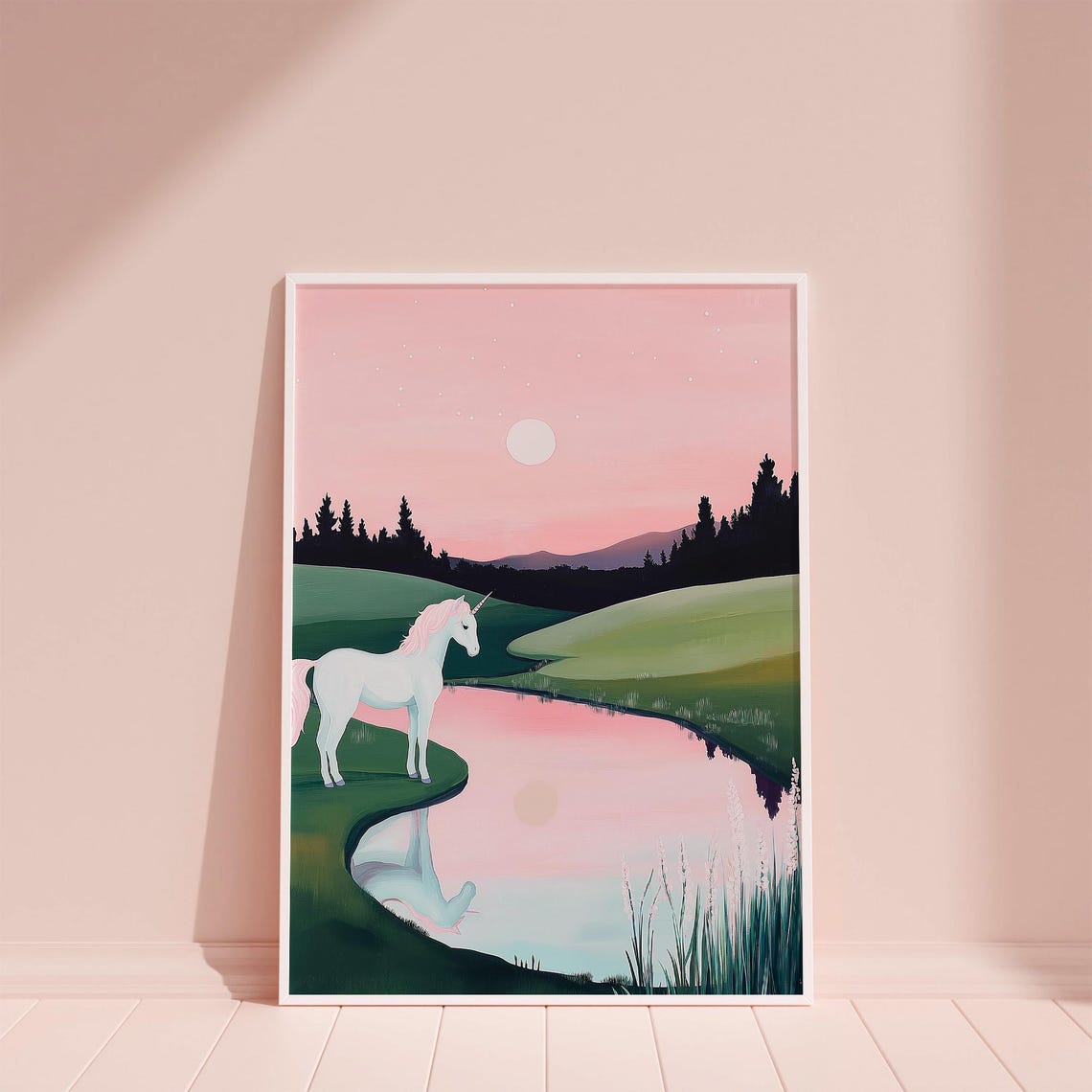 Unicorn by the Lake at Sunset Pink Sky Reflection Fantasy Poster - Image 4