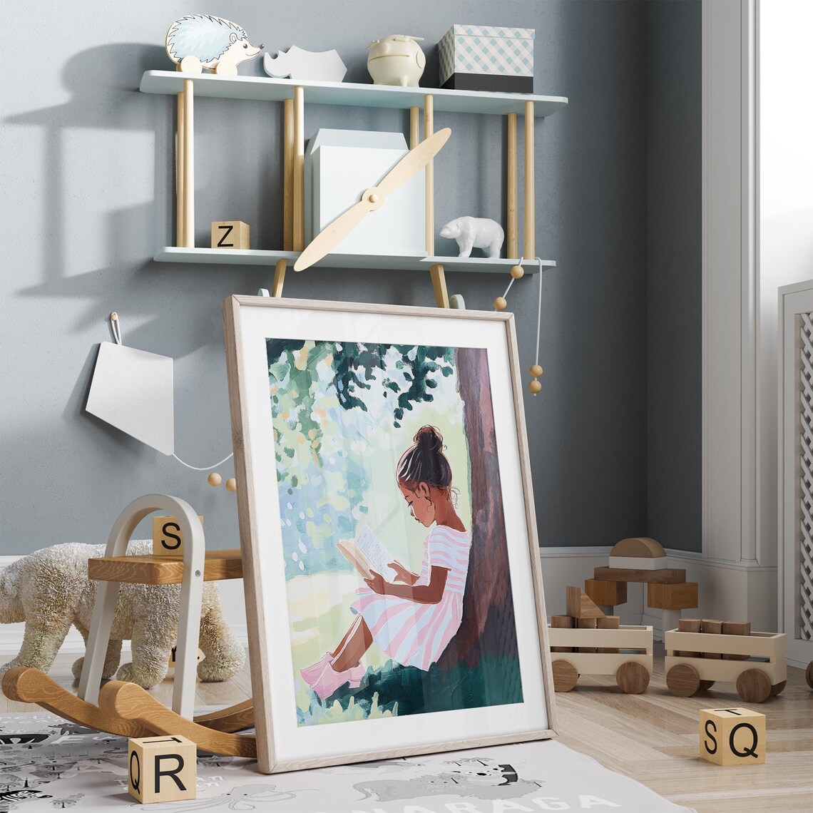 Black Girl Reading Under a Tree on a Summer Day Kids Room Poster - Image 3