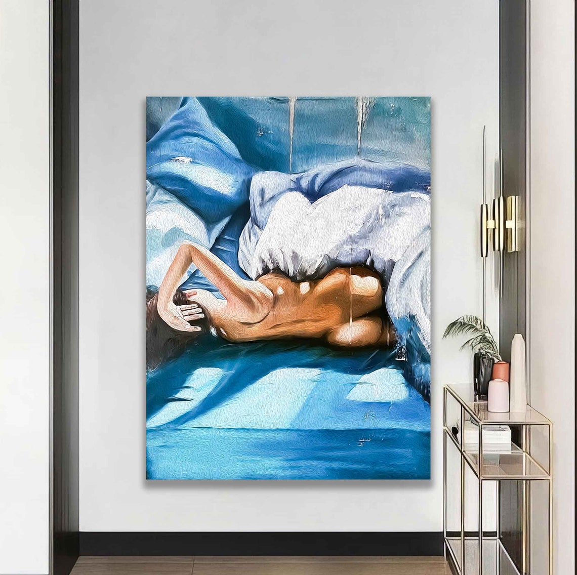 Reclining Nude Woman Blue Sheets Painterly Figurative Art Poster - Image 3