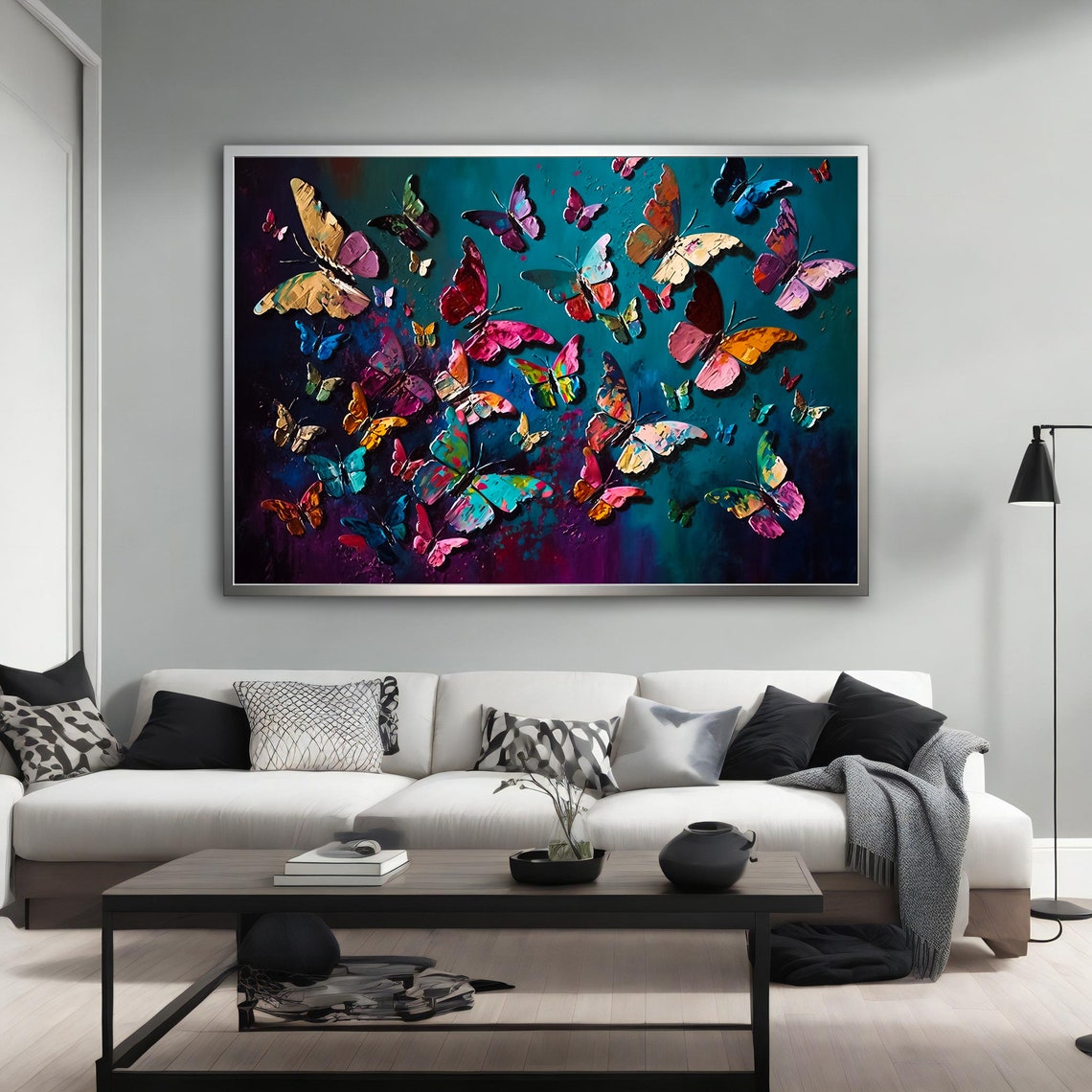 Colorful Butterflies Swarm Teal Background Nature Wall Art Poster - Image 3
