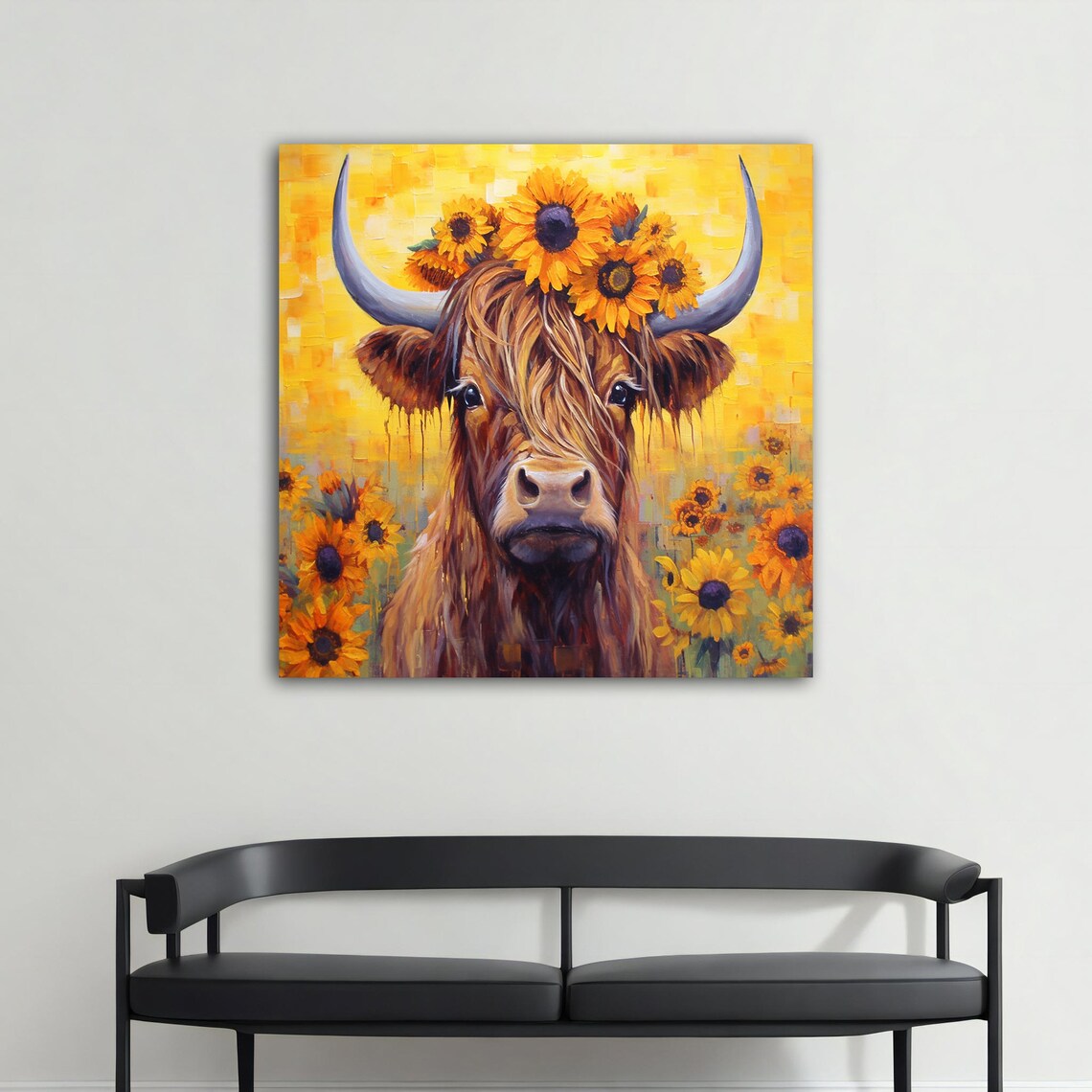 Highland Cow with Sunflower Crown Golden Yellow Floral Art Poster - Image 4