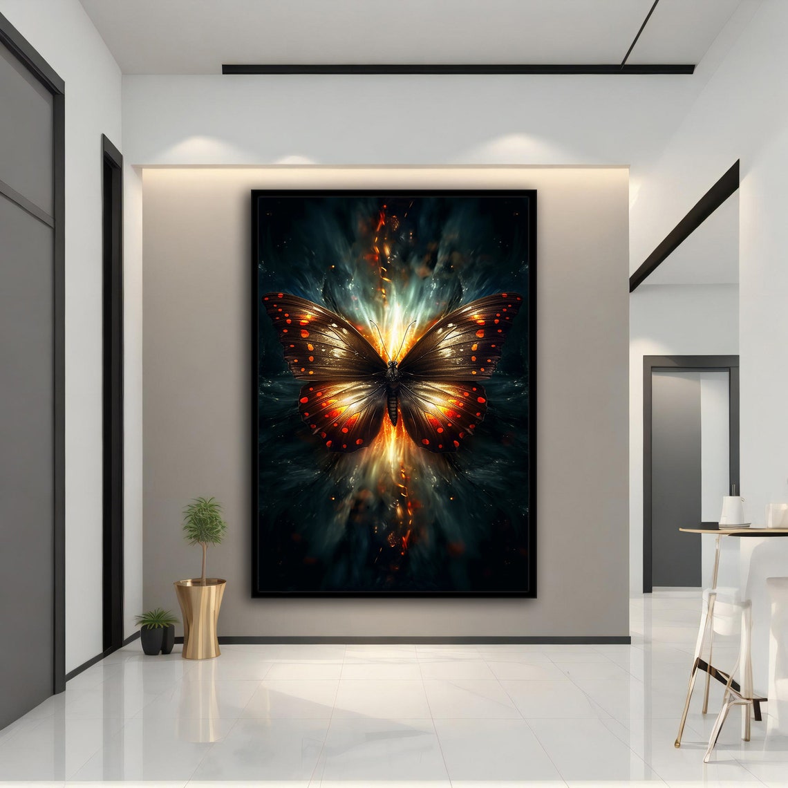 Glowing Butterfly on Dark Background Fire Light Wings Wall Art Print - Image 3