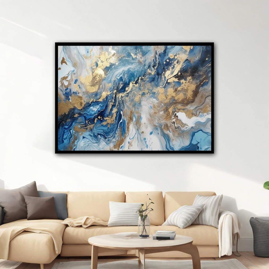 Blue Gold Marbling Abstract Painting Ocean Waves Swirl Wall Poster - Image 4