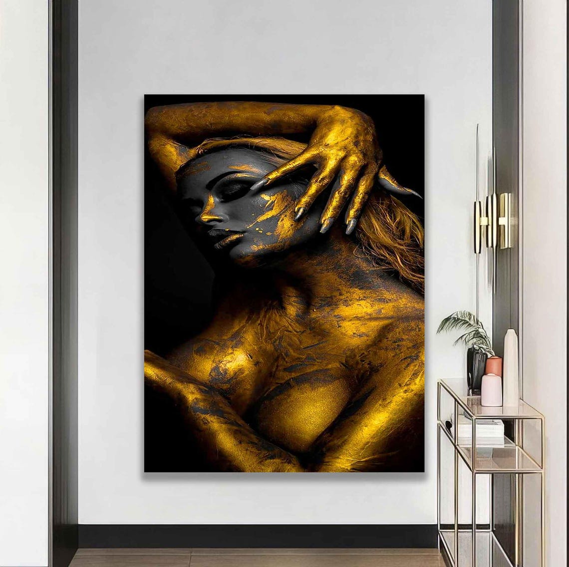 Gold Body Paint Woman Portrait Dramatic Black Background Wall Art
