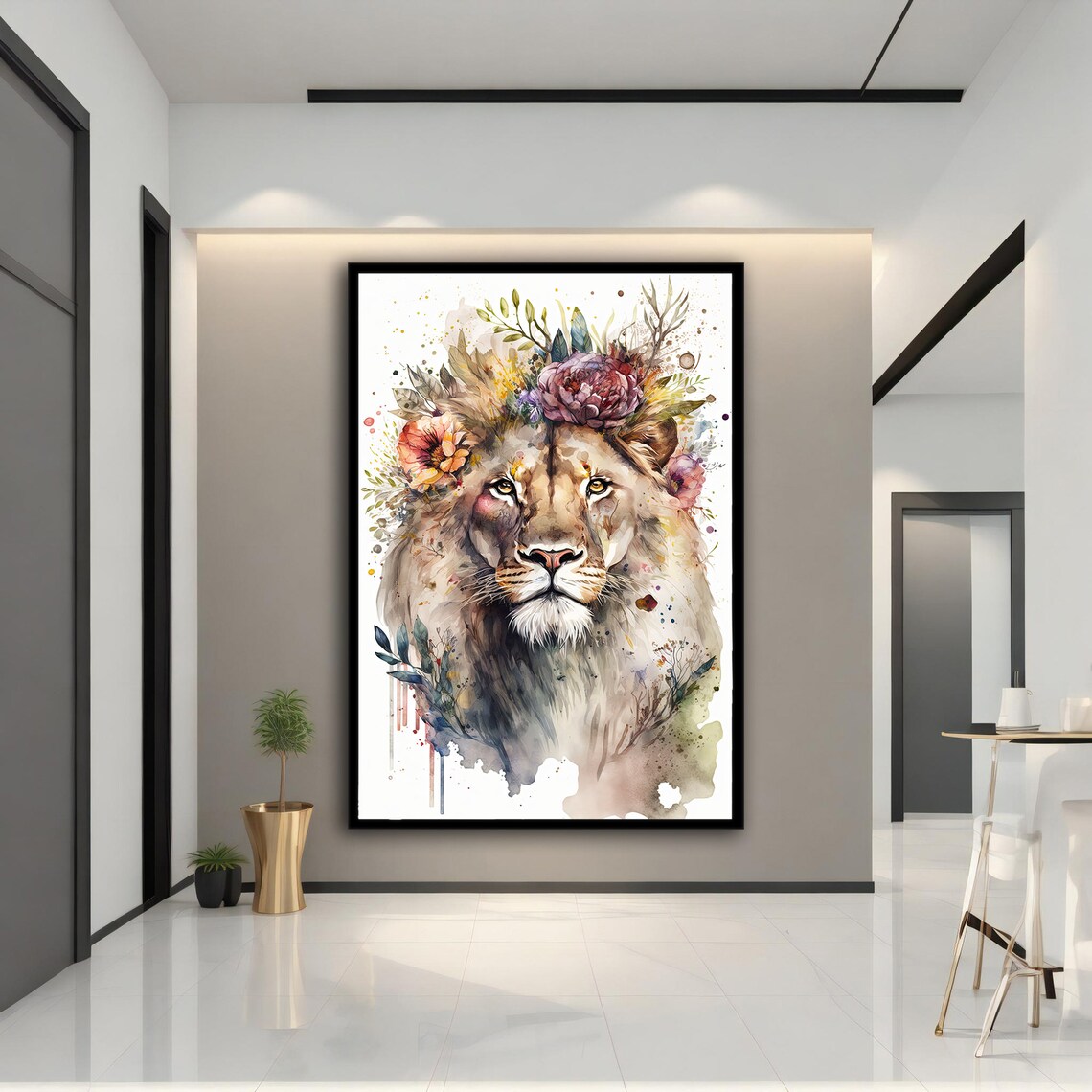 Lion Floral Crown Watercolor Portrait Elegant Animal Wall Art Print - Image 4