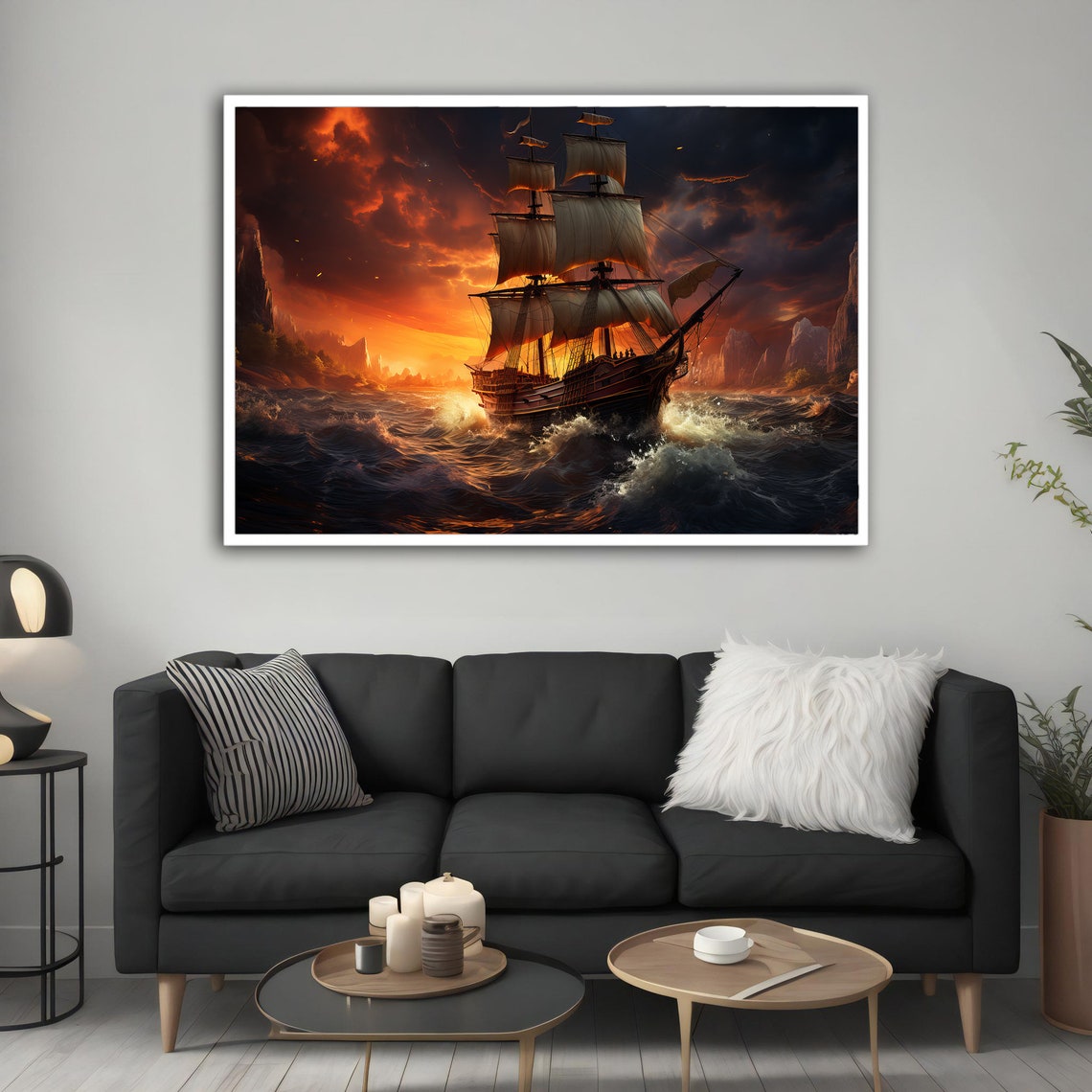 Tall Ship Sailing Stormy Sea Dramatic Sunset Nautical Art Poster - Image 4