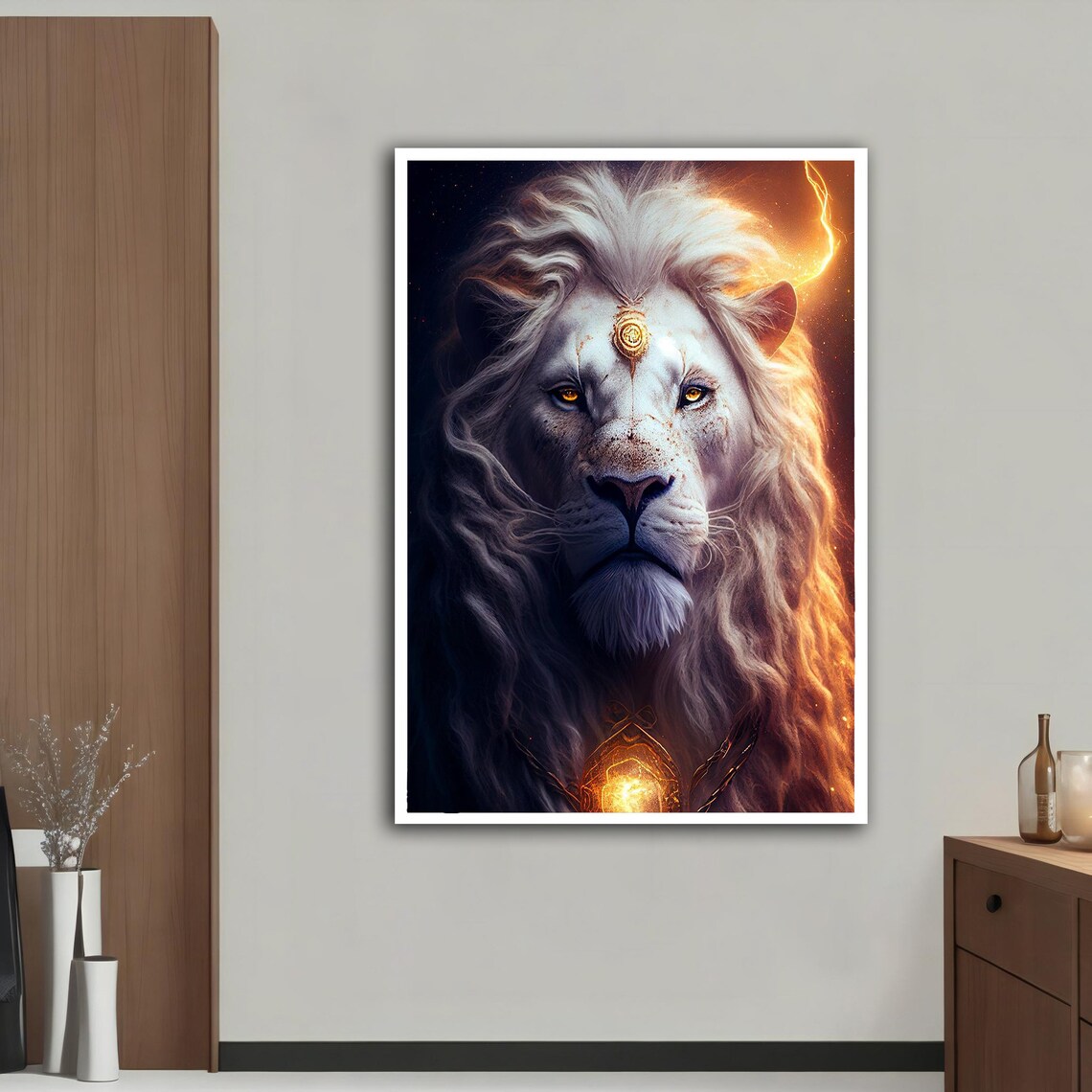 Majestic White Lion Fantasy Portrait Golden Eyes Fiery Glow Poster - Image 2