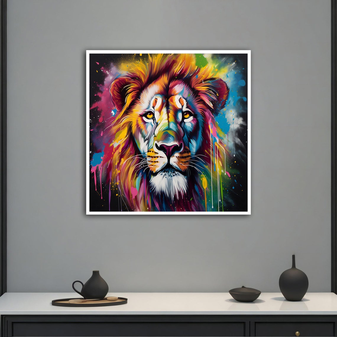 Colorful Graffiti Lion Head Black Background Rainbow Paint Poster - Image 4