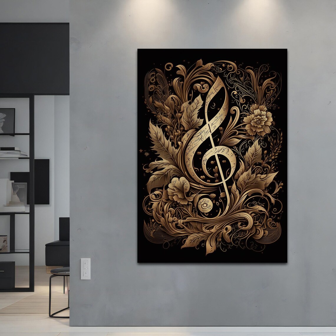 Golden Treble Clef With Baroque Floral Ornament On Black Poster - Image 3