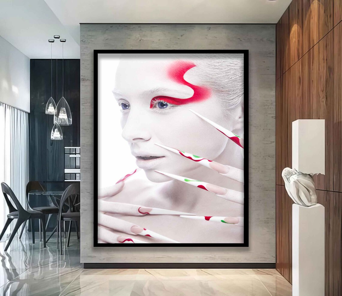 White Face Red Swirl Makeup Long Painted Nails Fashion Art Poster - Image 3