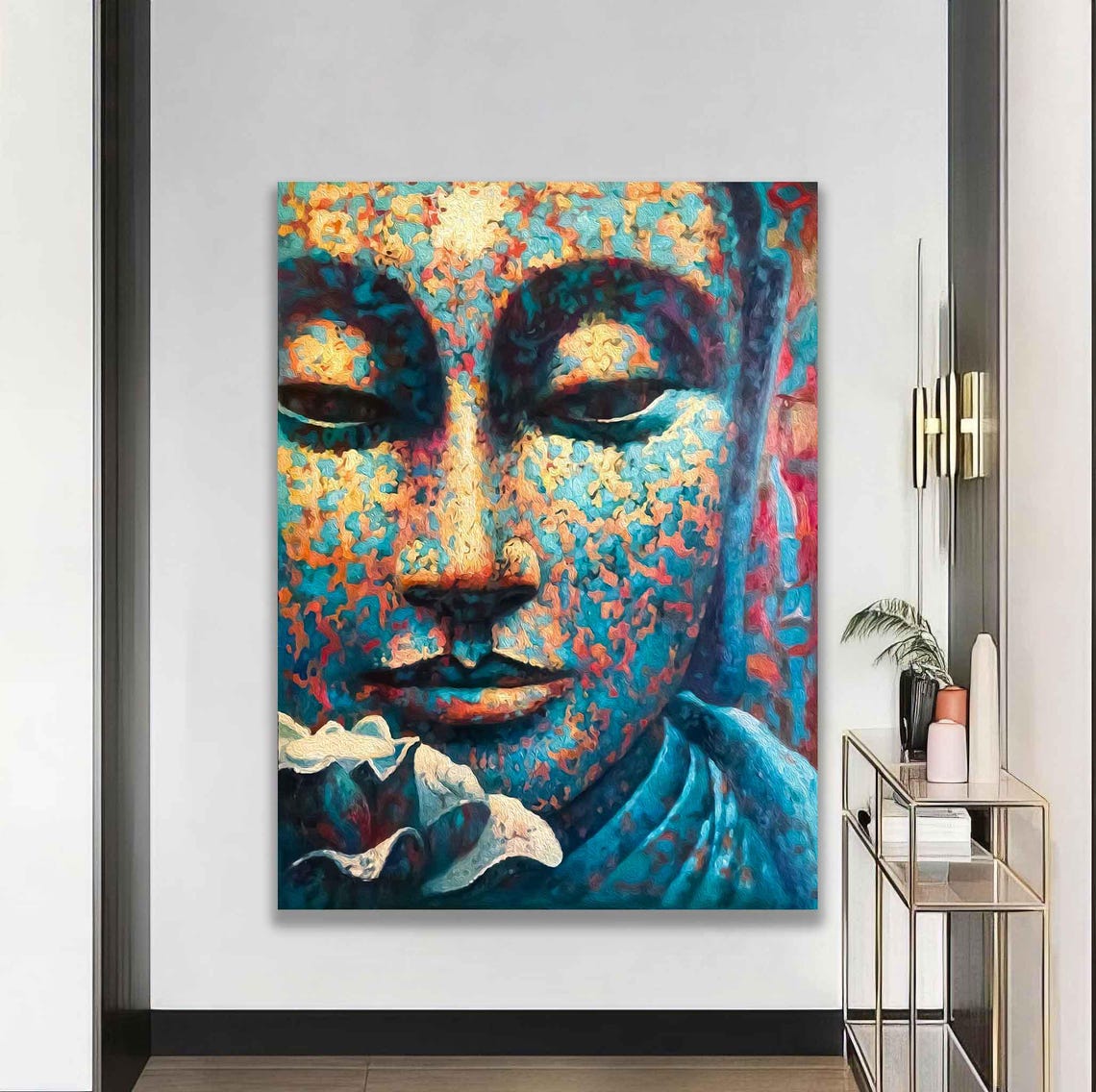 Colorful Mosaic Buddha Face Serene Blue Meditation Wall Art Poster - Image 5