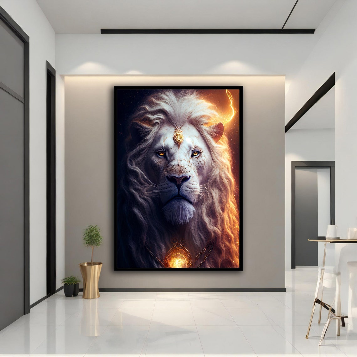 Majestic White Lion Fantasy Portrait Golden Eyes Fiery Glow Poster - Image 3