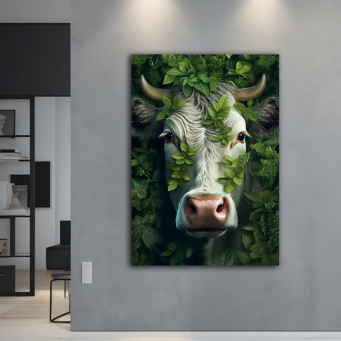 White Cow Face in Green Leaves Botanical Farm Animal Wall Art Print - Image 4