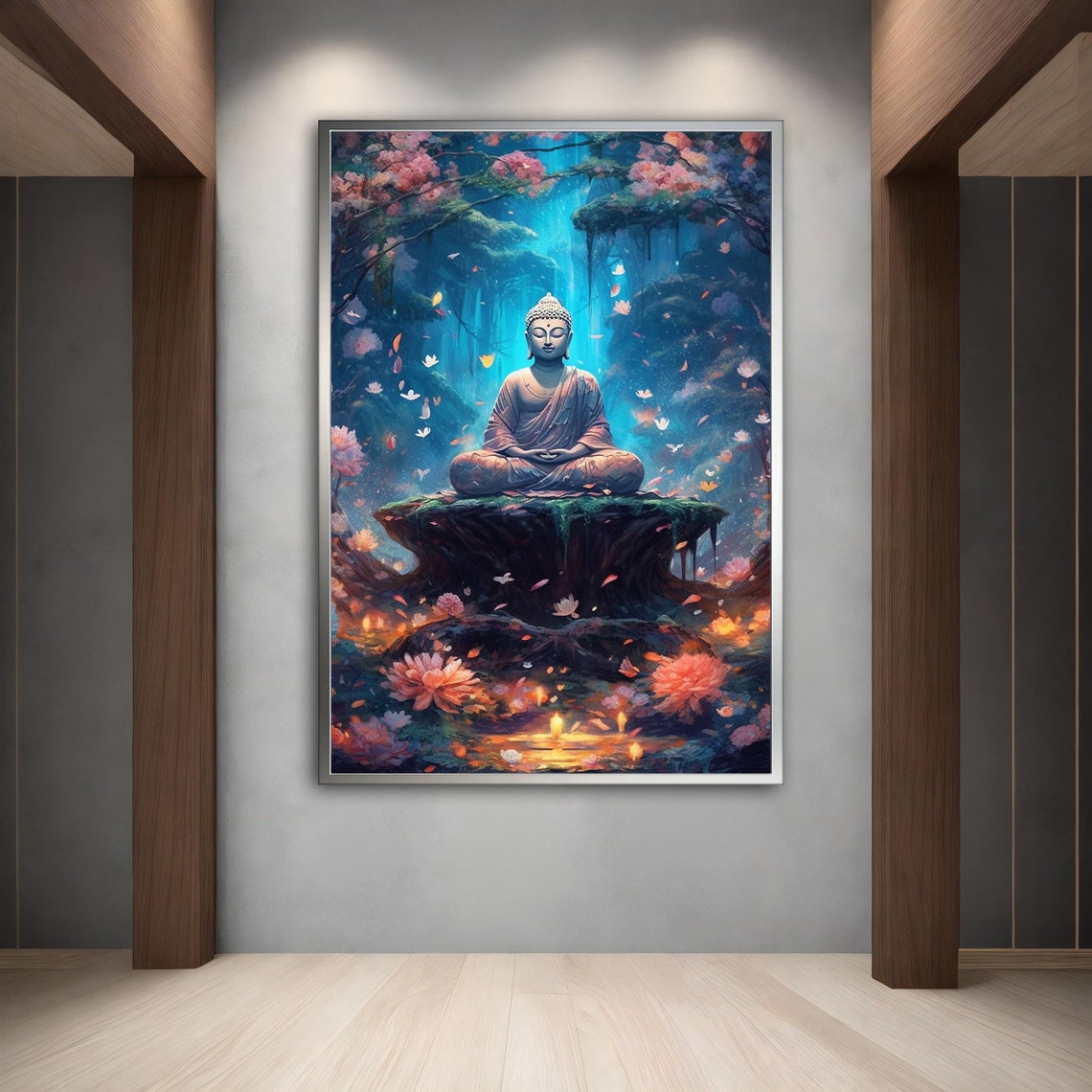 Buddha Meditating in Glowing Jungle Waterfall Serene Art Print - Image 5