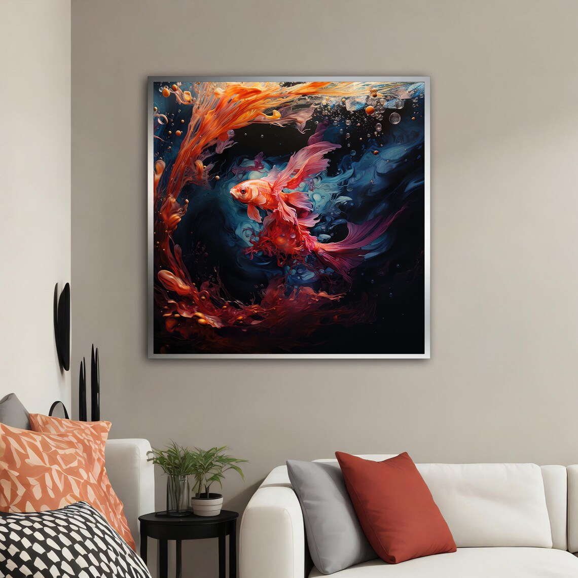 Orange Koi Fish Swimming In Dark Swirling Ink Water Art Poster - Image 3