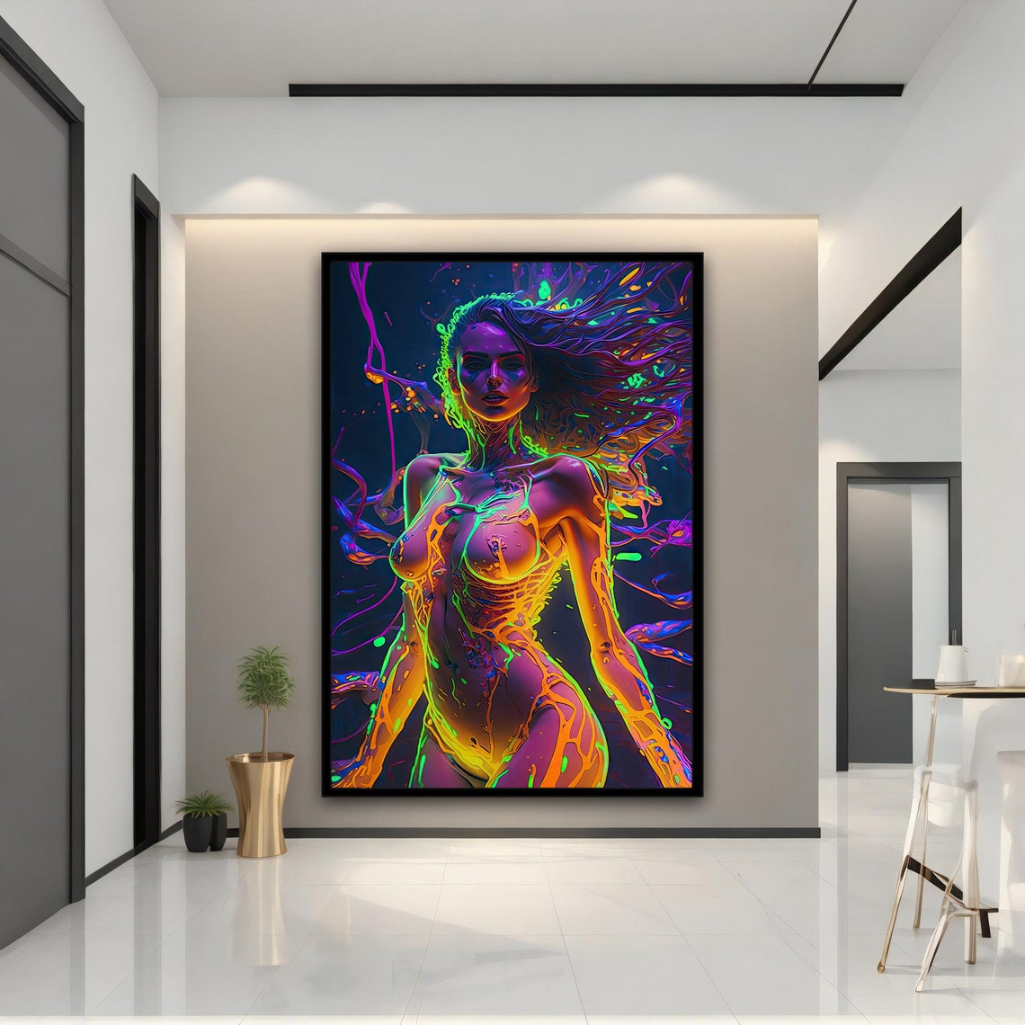 Neon Paint Woman Flowing Hair Glowing Abstract Art Print Poster - Image 5