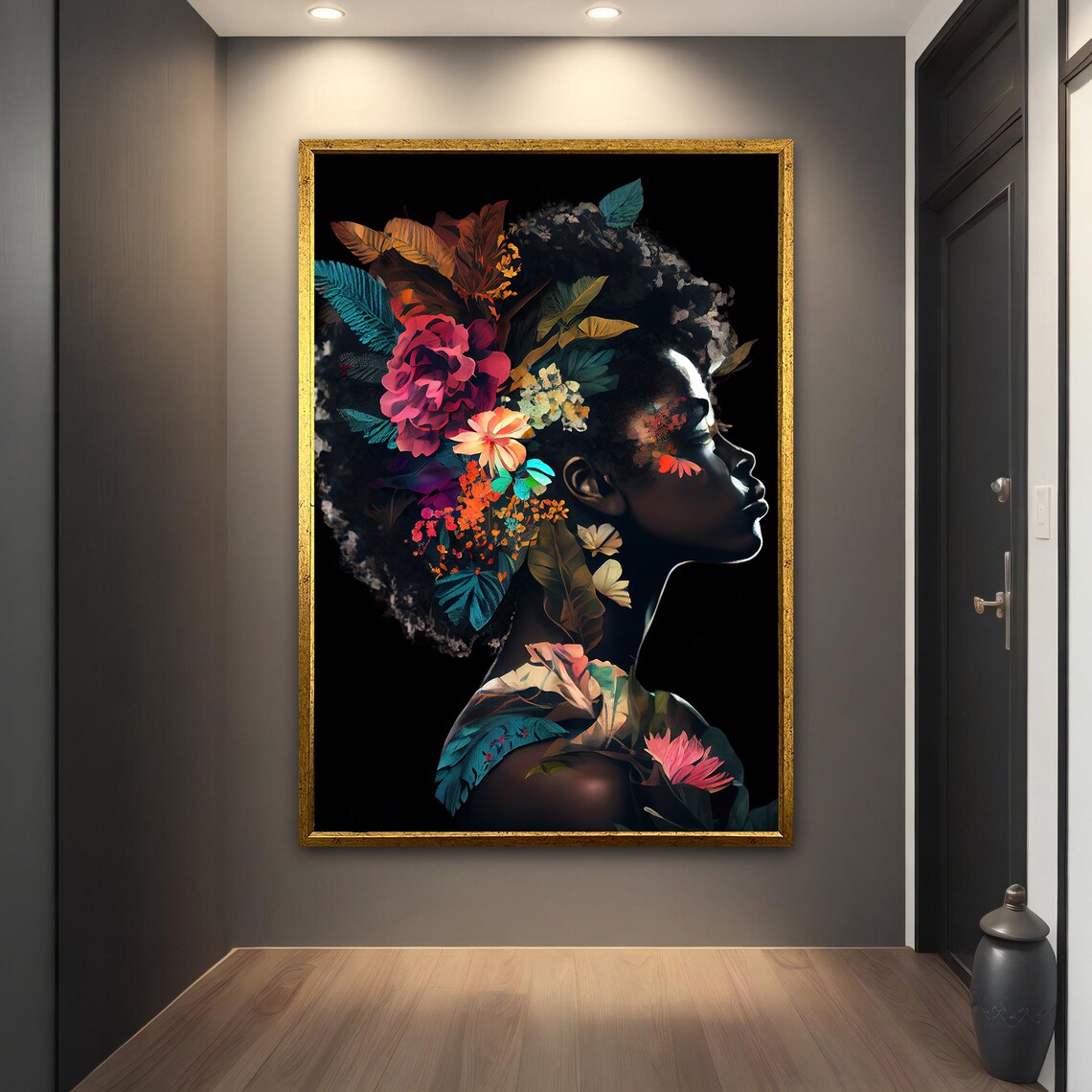 African Woman Silhouette Profile With Vibrant Flowers Art Poster - Image 3