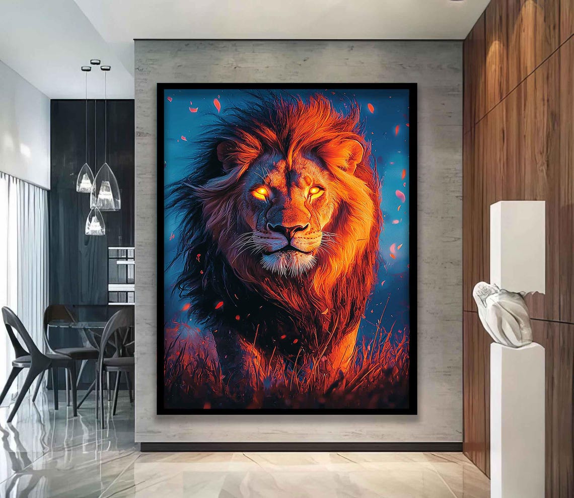 Fiery Lion Portrait Glowing Eyes Orange Mane Bold Wildlife Art Poster