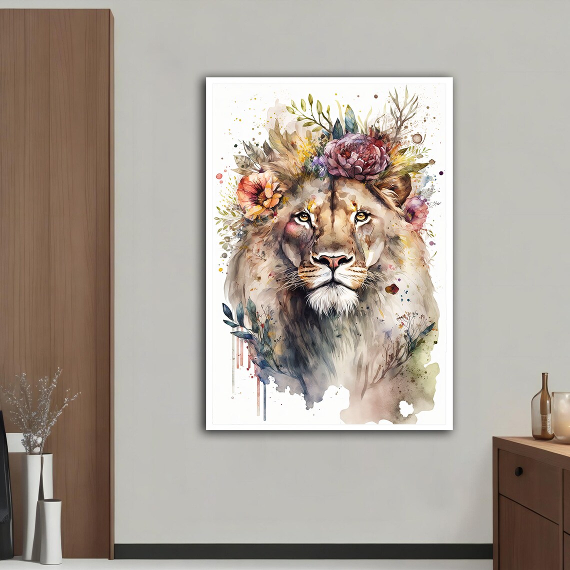 Lion Floral Crown Watercolor Portrait Elegant Animal Wall Art Print - Image 2