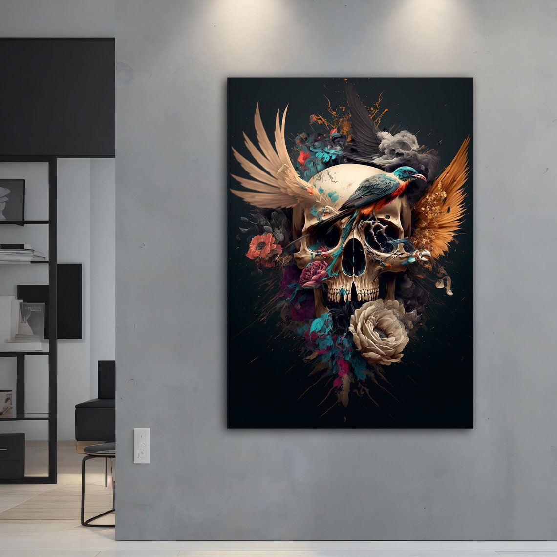 Skull Flowers Bird Wings Dark Botanical Gothic Memento Wall Art Poster - Image 3