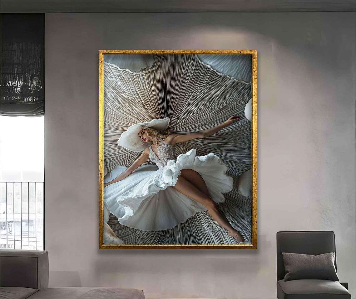 Woman In White Dress Big Hat Dancing Shell Background Modern Art Poster - Image 5