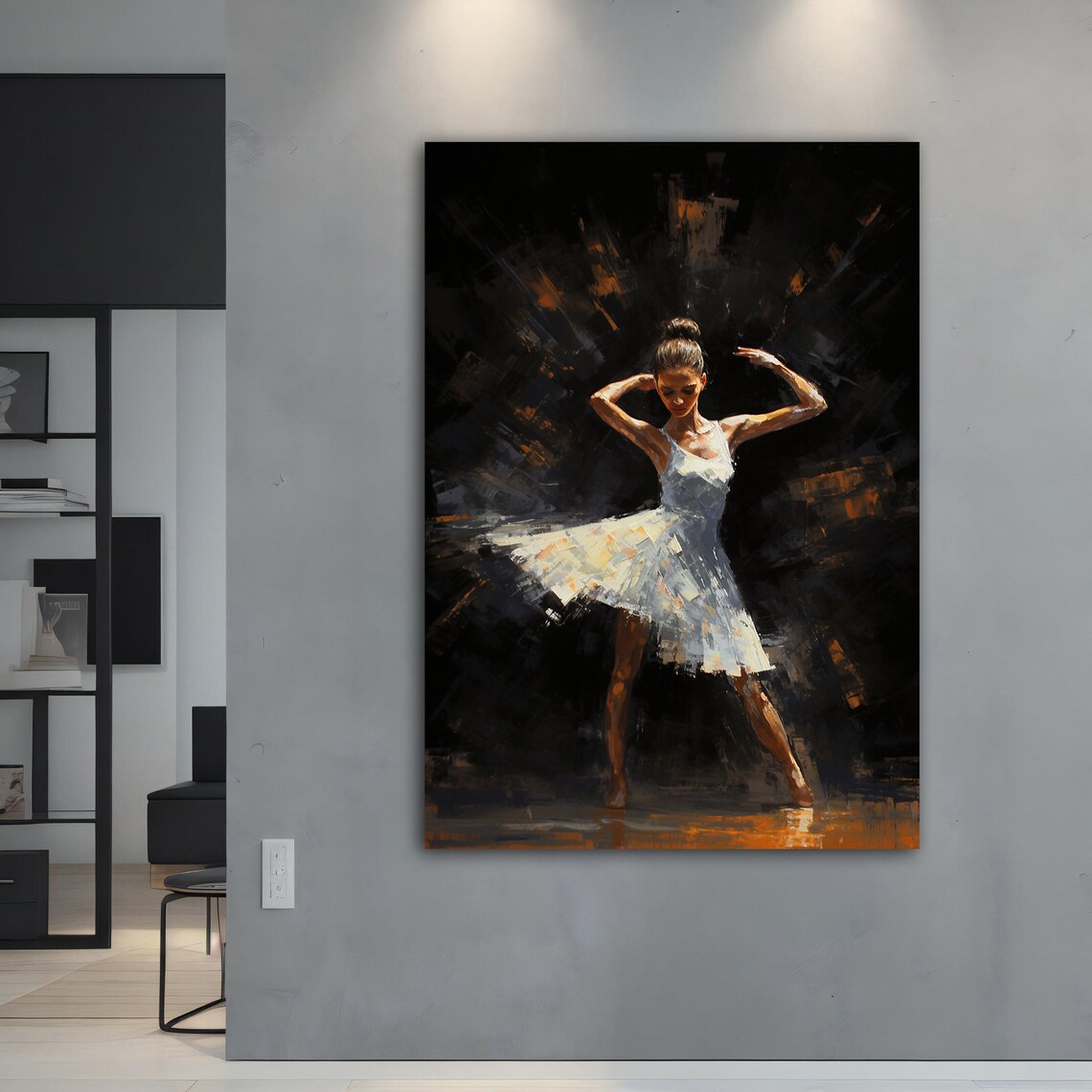 Ballerina in White Dress Dark Stage Dramatic Dance Art Print - Image 4