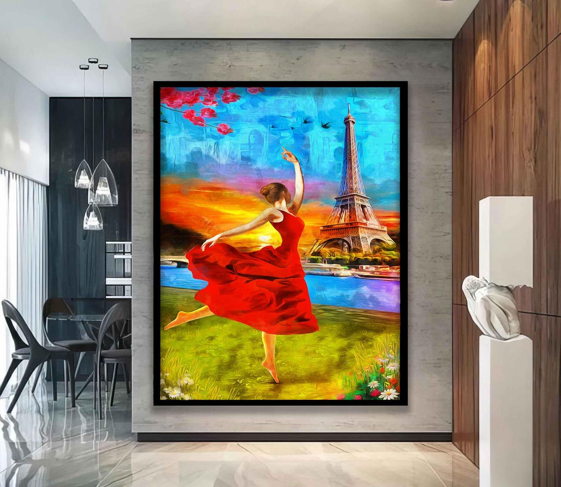 Eiffel Wall Art Paris Wall Art Woman In Paris Woman With Red Dress Wall Art Woman Painting Abstract Woman Print Paris - Image 5