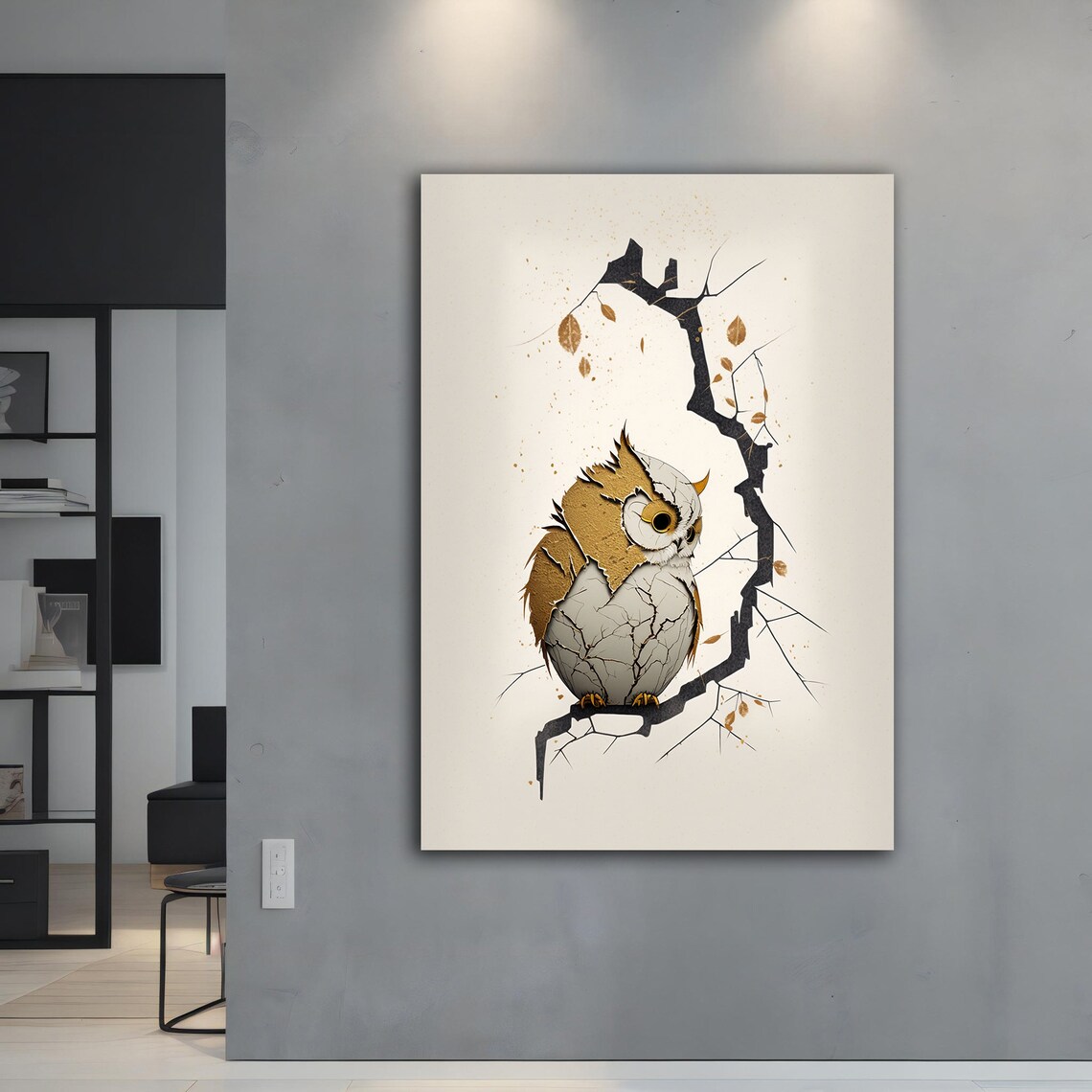 Cute Owl on Twisted Branch Minimalist Golden Leaf Wall Art Print - Image 3