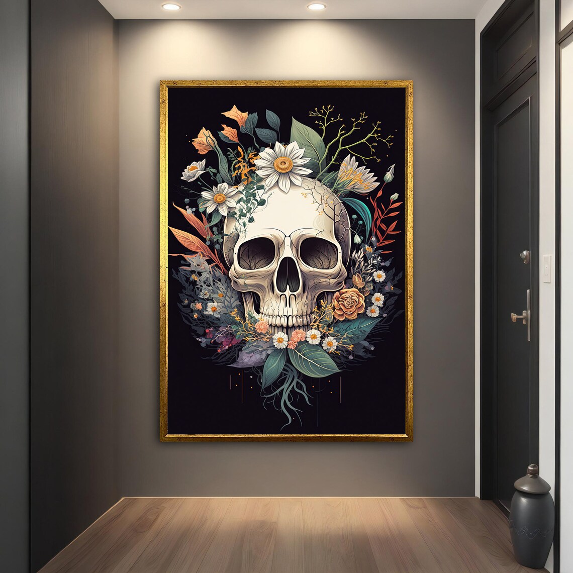 White Skull Wildflowers Daisies Botanical Black Background Floral Art Poster - Image 4